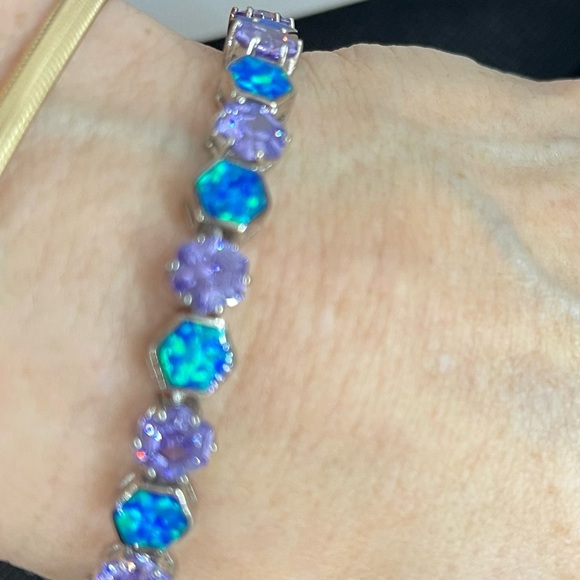 925 Sterling Opal Doublet & Tanzanite (synthetic) fancy cut 7” bracelet - Picture 2 of 6